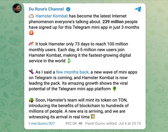 Telegram创始人Pavel Durov：Hamster Kombat(仓鼠快打)即将在TON链发币