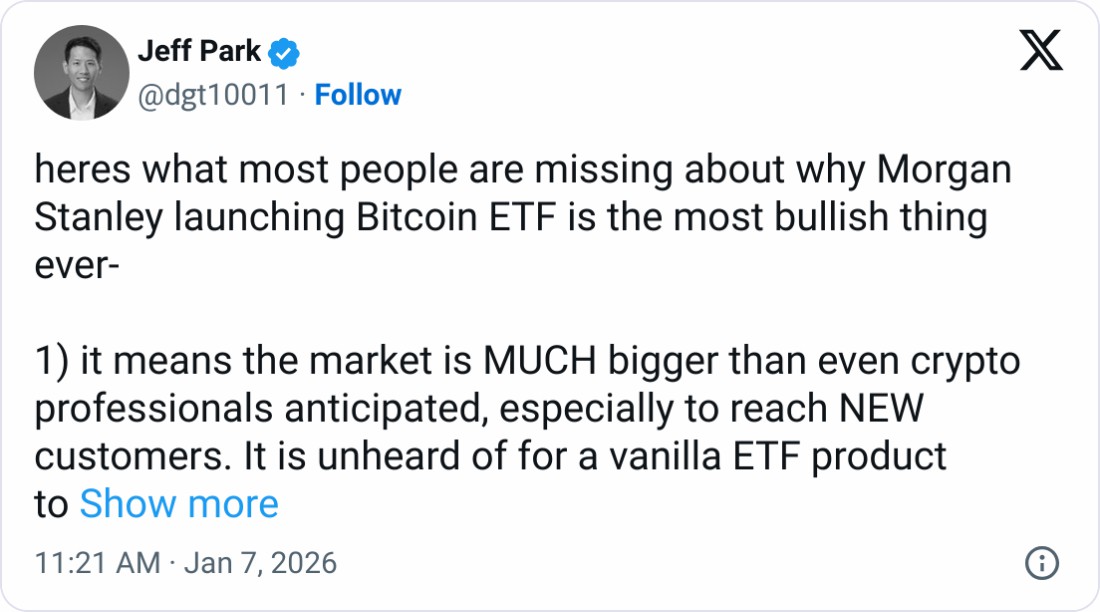 摩根士丹利比特币ETF：战略价值胜于资金