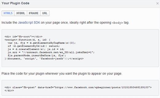 Copy and paste the code to add Facebook Embed Posts in WordPress