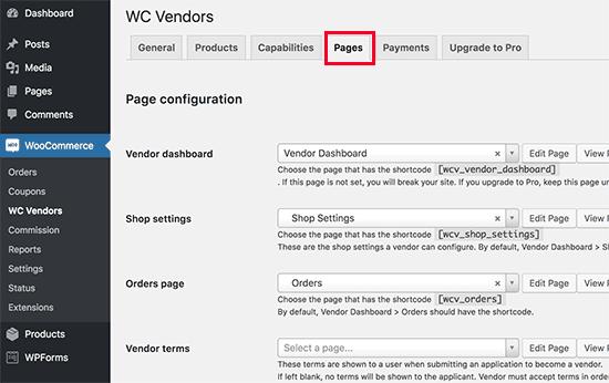 Setting up vendor pages