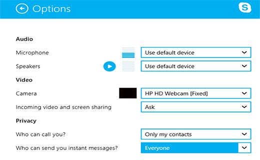 Skype Options in Windows 8