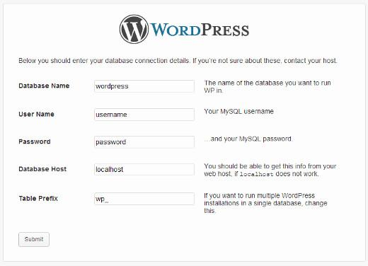 Providing database information during WordPress installation