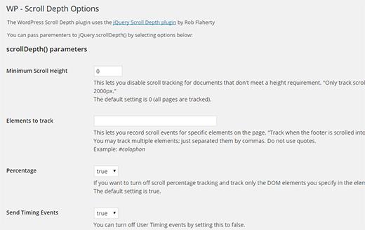 Settings page for WP Scroll Depth
