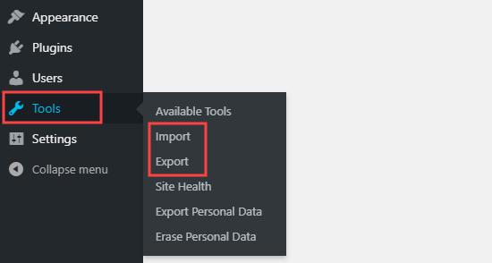 The Import and Export options under the Tools menu in the WordPress dashboard