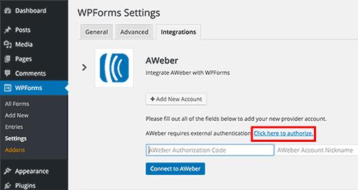 AWeber integration under WPForms settings