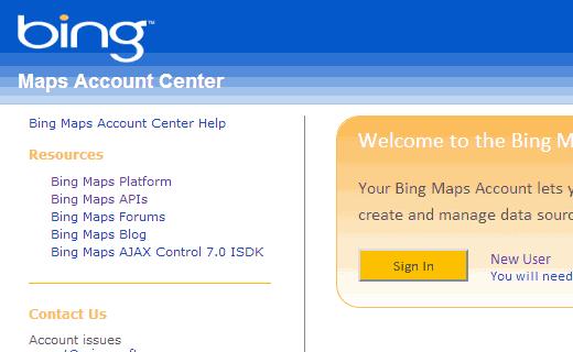 Creating an account for Bing Maps API Key