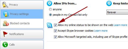 Allowing your Skype status to be visible on the web