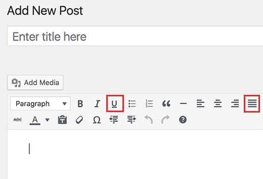 Underline and Justify text buttons added back in WordPress post editor