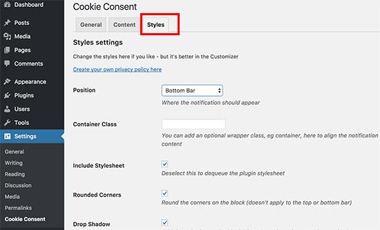 Cookie consent popup notification style