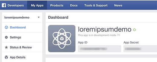 Facebook app dashboard