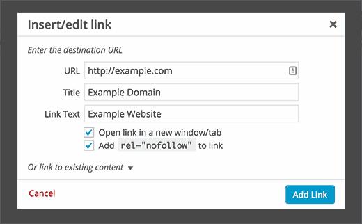 Insert link popup with title and nofollow fields