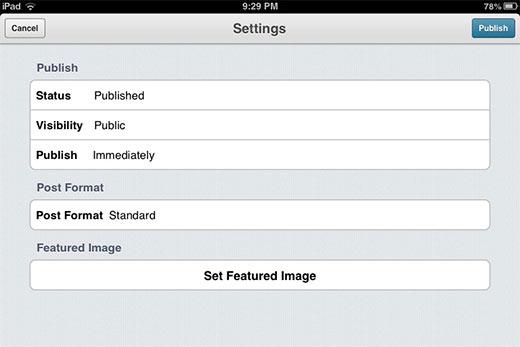 Post settings in WordPress app