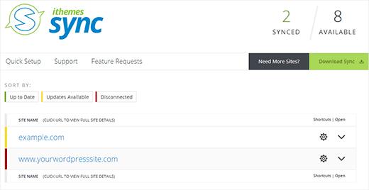 iThemes Sync dashboard to manage multiple WordPress sites