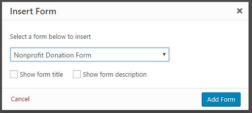inserting your donation form on the WordPress page