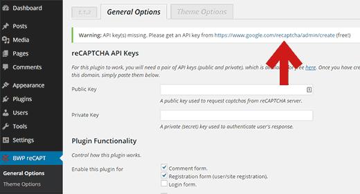 BWP reCaptcha general settings page