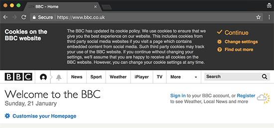 Cookies notification popup displayed on the BBC website