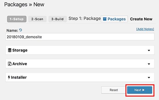 Creating a new package in Duplicator