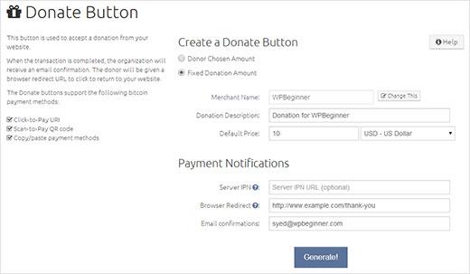 Generating a donate button on BitPay