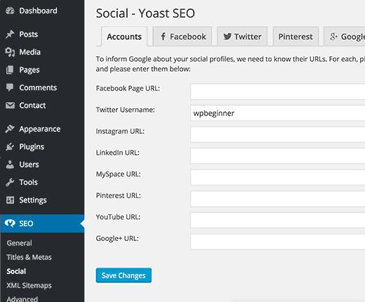 Add twitter username on social page under SEO settings