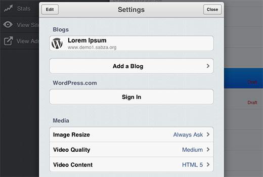 Settings screen in WordPress App for iPhone or iPad