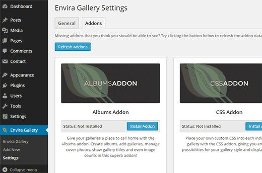 Install and activate albums and standalone addons for Envira