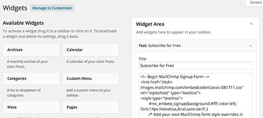 Adding signup form code in widgets