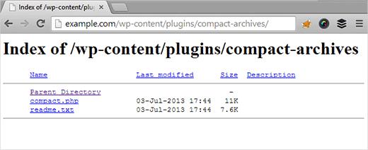An example of directory index browsing in WordPress