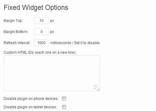 Configuration options for sticky floating sidebar widget plugin