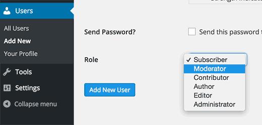 Selecting moderator user role while adding a new user in WordPress
