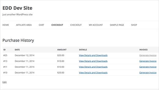 Generate invoices link on purchase history page