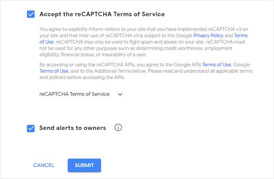 Add Domain Name and Owner for Google reCAPTCHA 