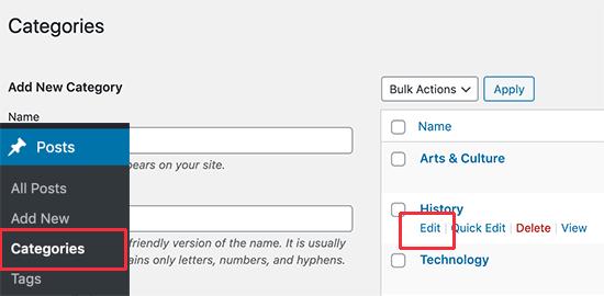Editing a category in WordPress