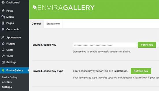 输入Envira Gallery许可证密钥