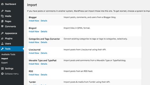 Import screen in WordPress 4.6