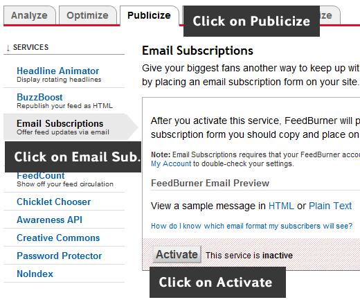 Activate Email Subscription in FeedBurner