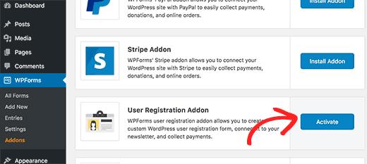 Activate user registration addon