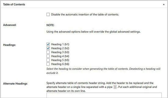 Advanced settings for table of contents