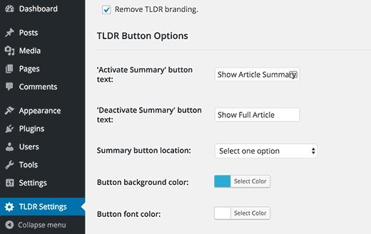TLDR settings page