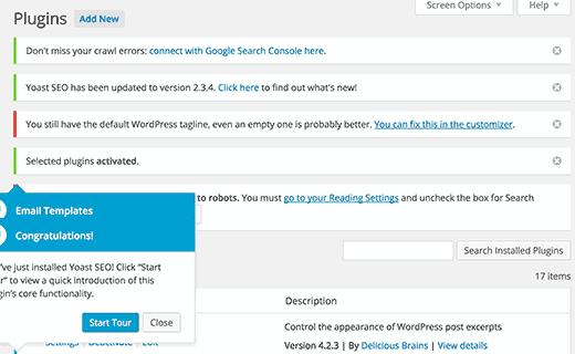 Notifications in the admin area of a WordPress site